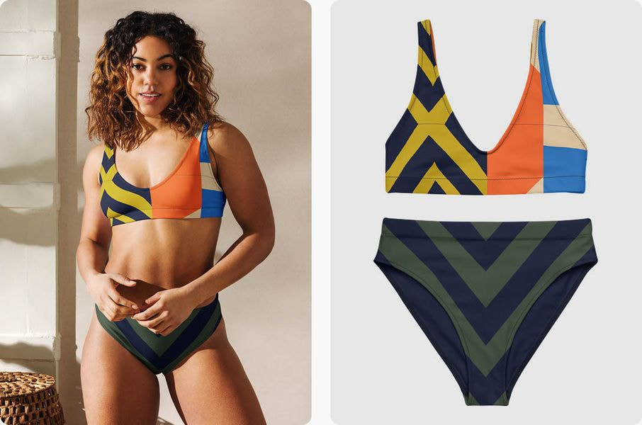 Woman modeling a mix-and-match bikini set featuring bold geometric patterns, alongside flat product views of the top and bottom.