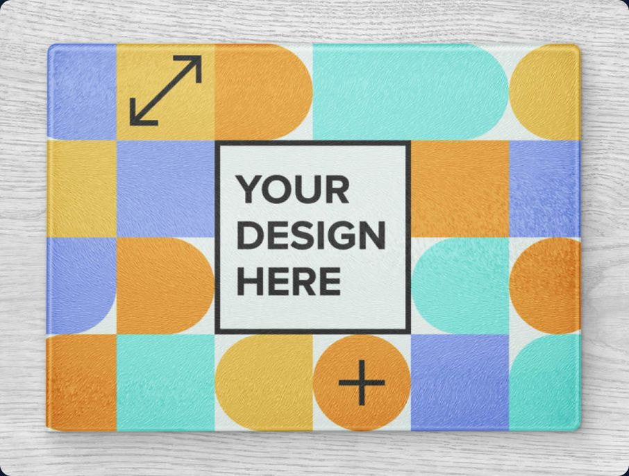 Colorful geometric glass cutting board mockup with placeholder text for custom design.