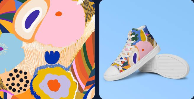 Person wearing colorful custom high-top canvas sneakers with abstract floral artwork, shown against a blue sky background alongside matching design details and product mockup.