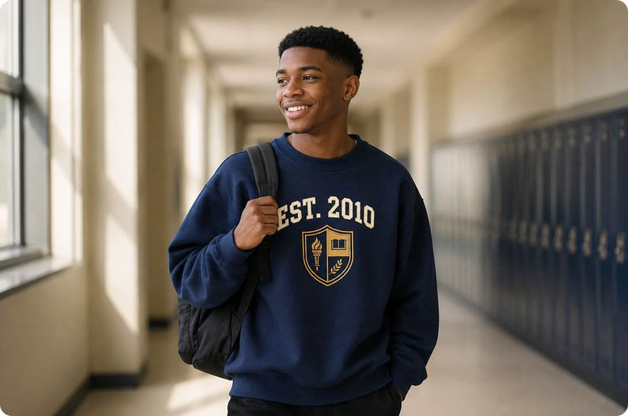a man in a blue sweatshirt