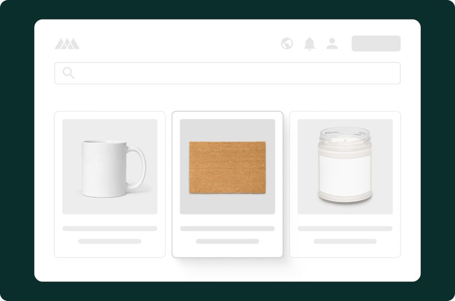 Online storefront mockup featuring a custom doormat listed alongside other print-on-demand products such as mugs and candles.