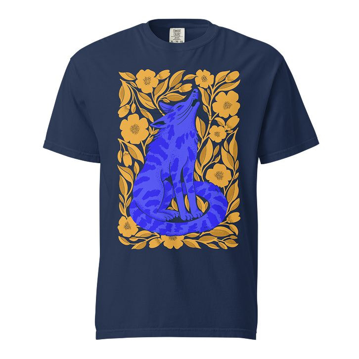 Unisex garment-dyed heavyweight t-shirt in true navy, printed with a blue cat framed by yellow flowers