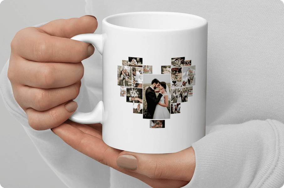 Custom photo collage mug with heart-shaped wedding and couple images.