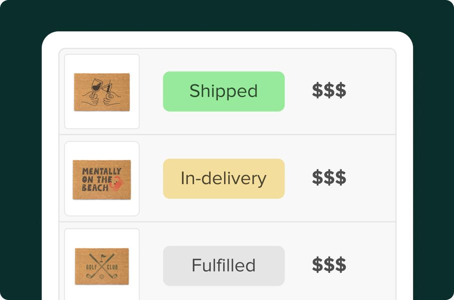 Mockup of an order management interface displaying custom doormat orders with shipping statuses and sales tracking information.