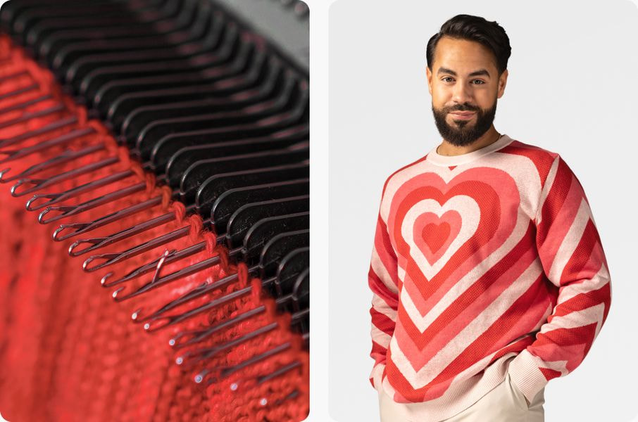 Split image showing a knitting machine producing red fabric and a model wearing a knit sweater with a large heart pattern.