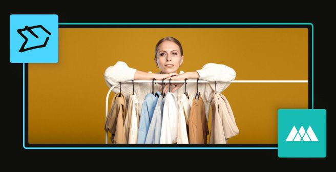 A framed image with a mustard yellow background. In the foreground, a blonde woman wearing a chunky white knit sweater leans over a white clothes rack displaying various blank apparel items in neutral and pastel colors (tan, light blue, white). The image is branded with a light blue icon of a sketched clothing item and a teal logo in the bottom corner.