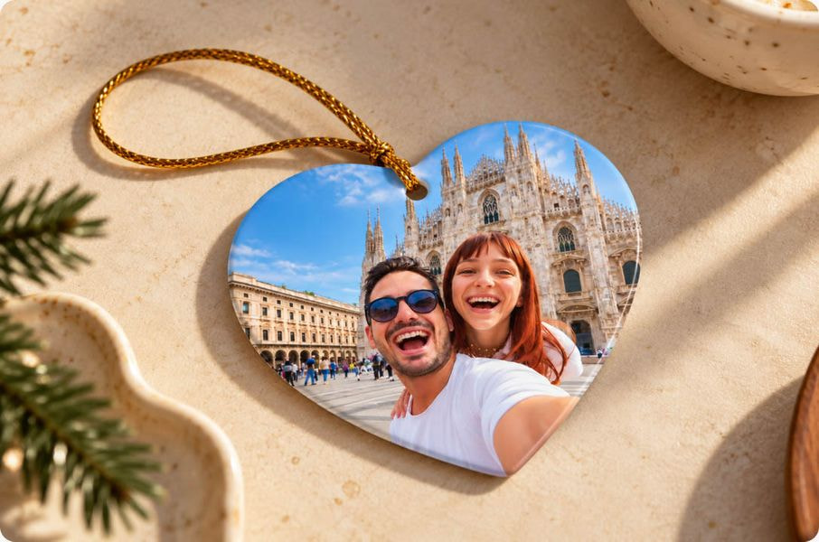a heart shaped ornament with a picture of a man and woman