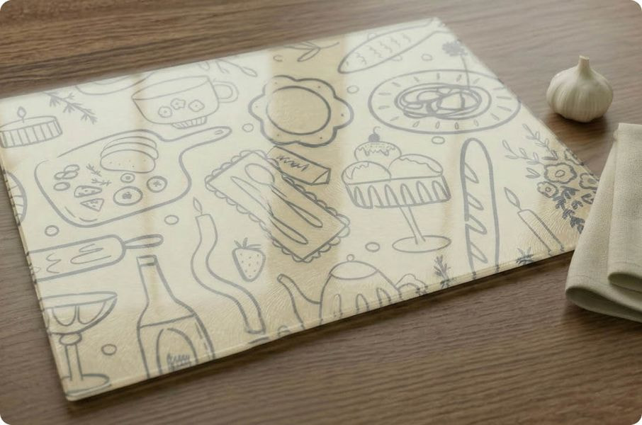 Transparent glass cutting board with subtle kitchen-themed line illustrations on a wooden surface.