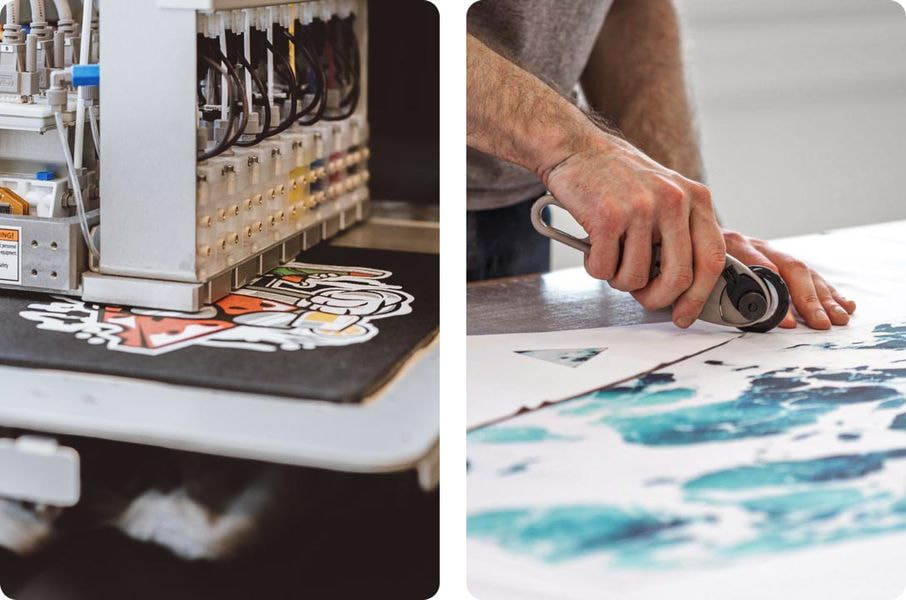 DTG printing machine printing graphic on fabric and cutting printed textile pattern.