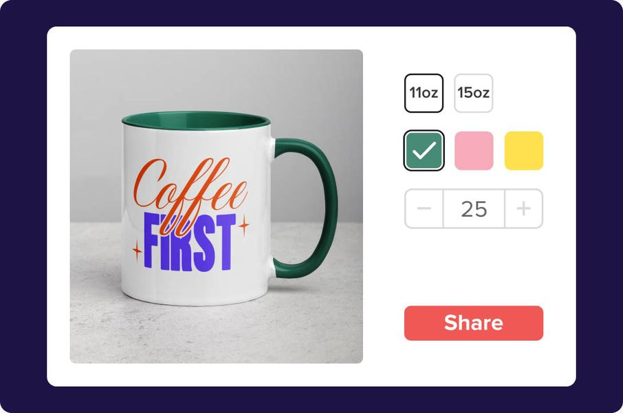 a white mug with a green handle