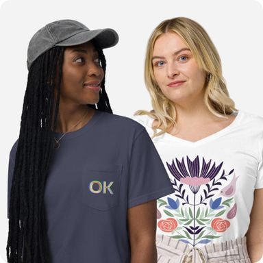 two women wearing custom printed t-shirts