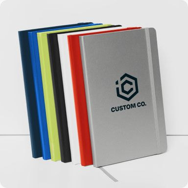 a group of colorful custom printed notebooks