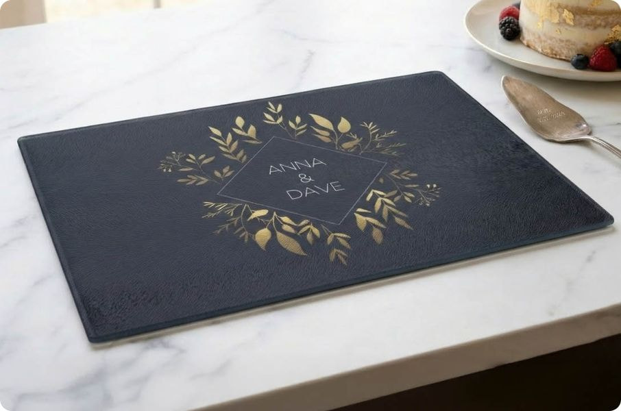 Dark glass cutting board with gold floral design and personalized names on a marble surface.
