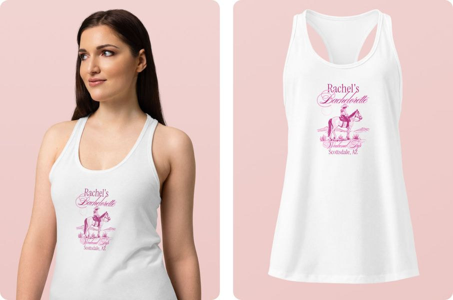 Woman wearing a white racerback tank top customized with a pink western-inspired bachelorette party graphic and event details. A separate product image highlights the full tank top design on a plain background.