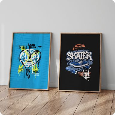 two custom posters on a wall