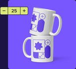 a stack of white mugs with blue and purple designs