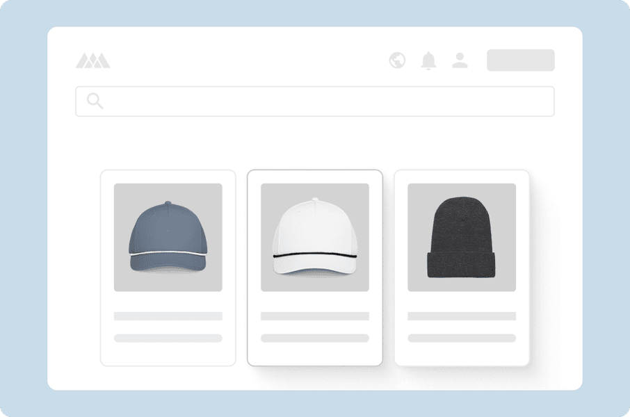 E-commerce product catalog interface showing a selection of blank headwear for customization, including a blue baseball cap, a white rope hat, and a black beanie.