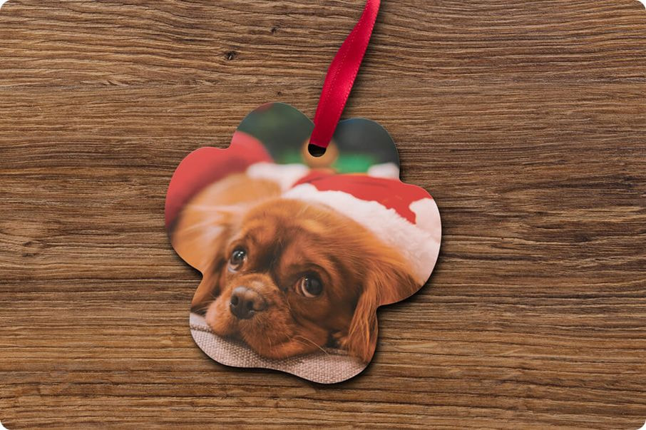 Printed puppy picture on metal Christmas ornament