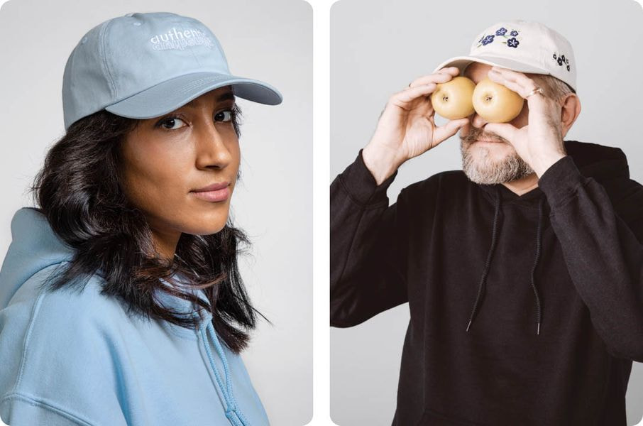 collage of a woman in blue cap and a man in a white baseball cap