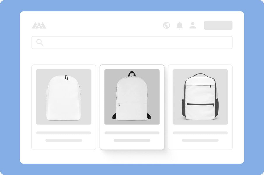 A mockup of an e-commerce website product page showing three plain white backpacks displayed in product cards against a light background, illustrating different backpack styles or templates.