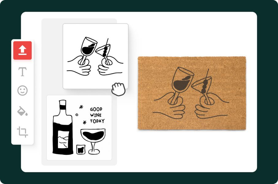 Design interface showing selected illustrations being placed onto a personalized doormat mockup for print-on-demand production.