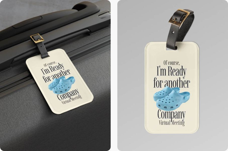 Personalized luggage tag attached to a suitcase, displaying a humorous quote and graphic design ideal for travelers seeking unique luggage identification.