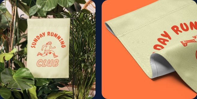 a fabric flag with a running man on it