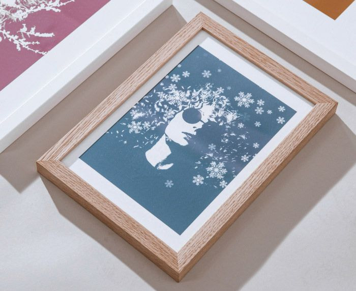 a framed picture of a woman with snowflakes