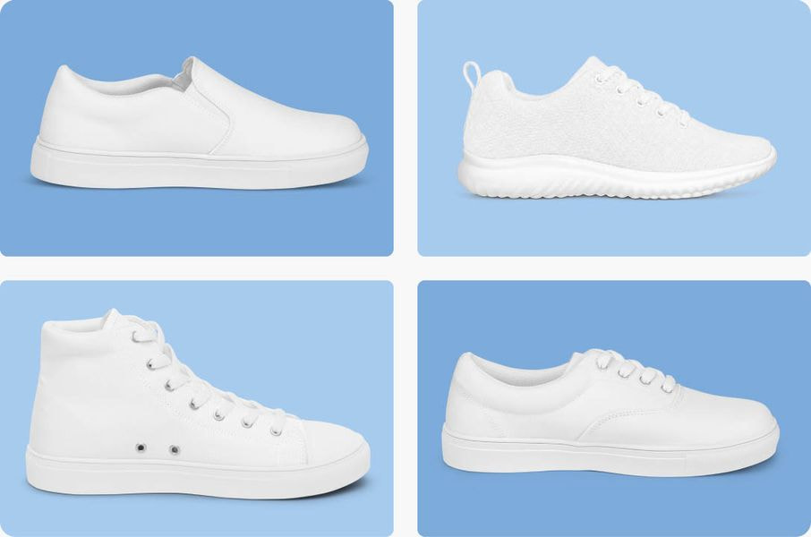Collection of blank white shoe mockups including slip-on, athletic, high-top, and low-top styles displayed on a light blue background.