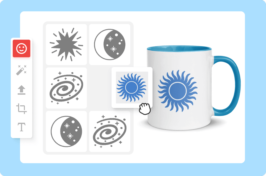 Mug design preview in product creator interface with blue sun graphic selected.