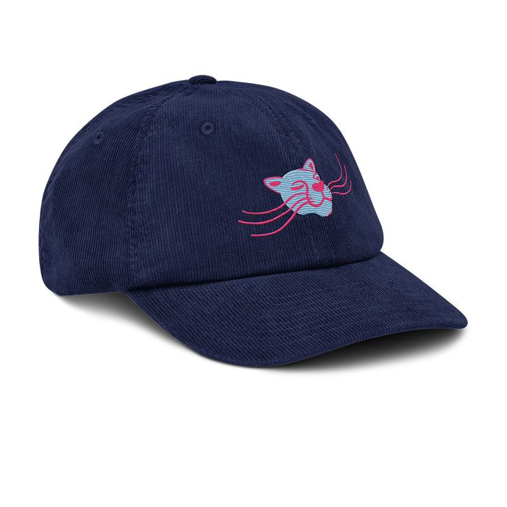 Corduroy hat in oxford navy with an embroidered cat face