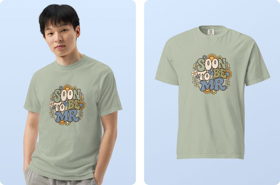 Man modeling a light sage-green T-shirt with a retro floral graphic reading “Soon to Be Mr.” The design is also shown separately on a standalone apparel mockup.