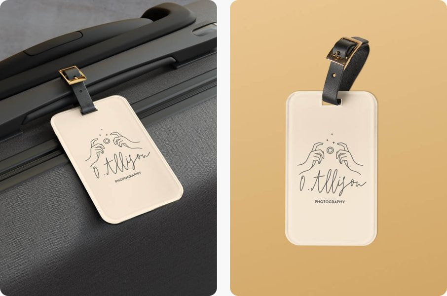 Branded luggage tag showcasing a photography logo and business name, designed for professional travel and promotional branding.