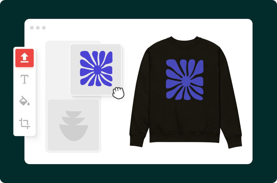 Product creator interface placing blue graphic design on black sweatshirt.