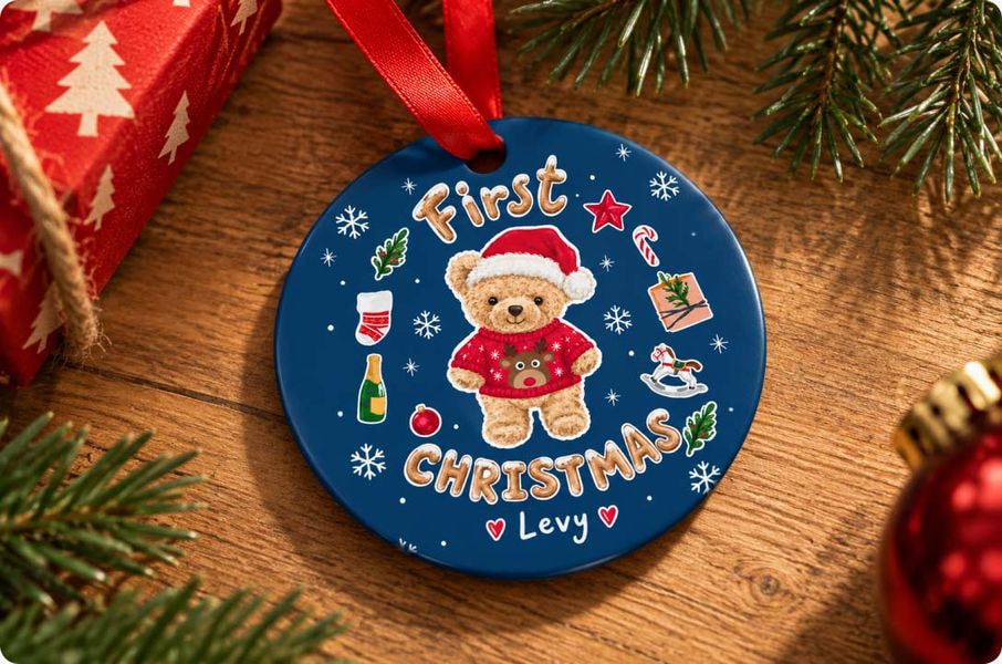 a blue round christmas ornament with a teddy bear on it