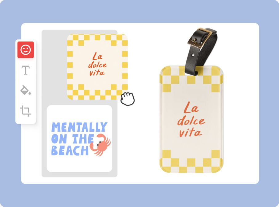 Illustration of a luggage tag design editor where users can combine typography and graphics to create a personalized travel accessory.