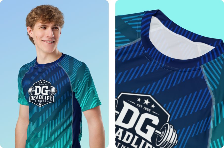 Athletic blue performance rash guard featuring a bold weightlifting logo and geometric stripe pattern, displayed on a model with a close-up view of the fabric and print details.