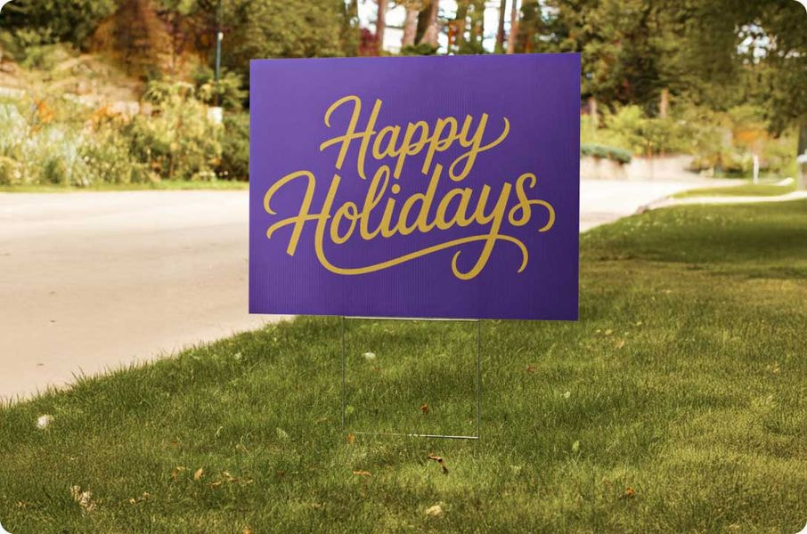 purple yard sign with gold 