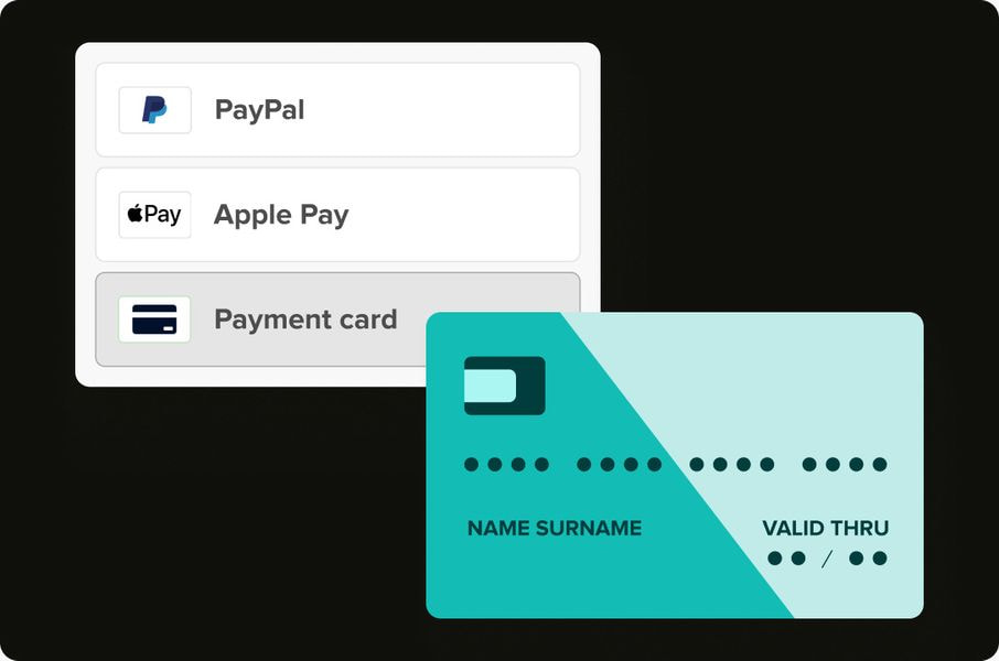 A graphic representation of a payment method selection interface. Options for PayPal and Apple Pay are listed above the selected option 