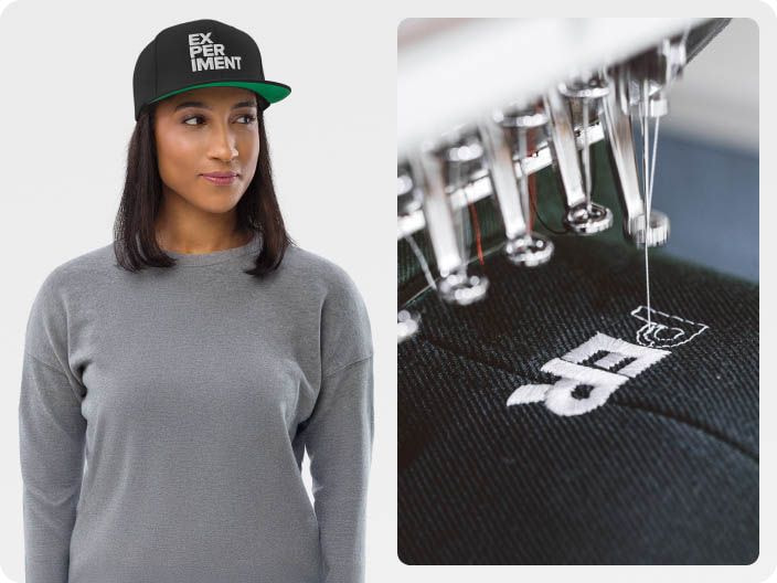 Person wearing a black embroidered snapback cap with a close-up view of an embroidery machine stitching a logo onto fabric.
