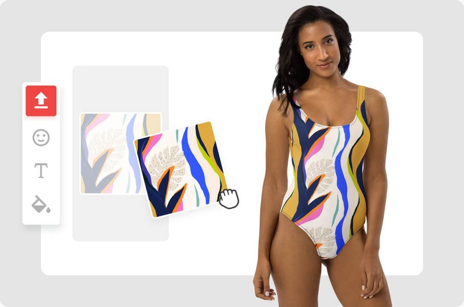 Design tool interface showing a colorful abstract artwork being applied to a one-piece swimsuit mockup.