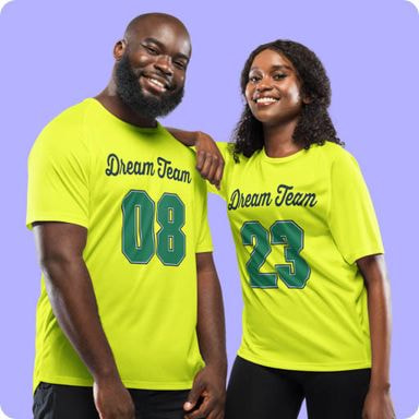 a man and woman wearing matching jerseys
