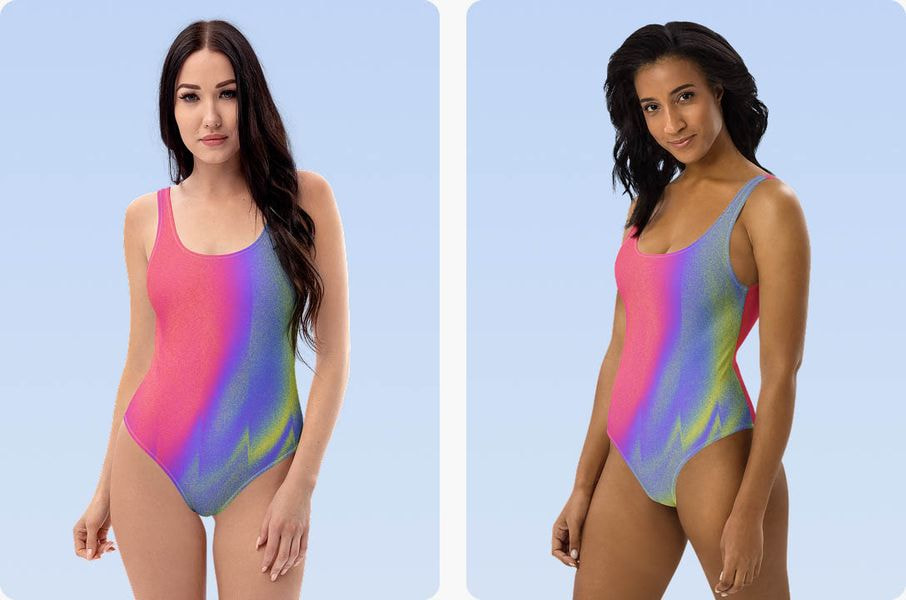 Front and angled views of a vibrant custom one-piece swimsuit displayed on two models.