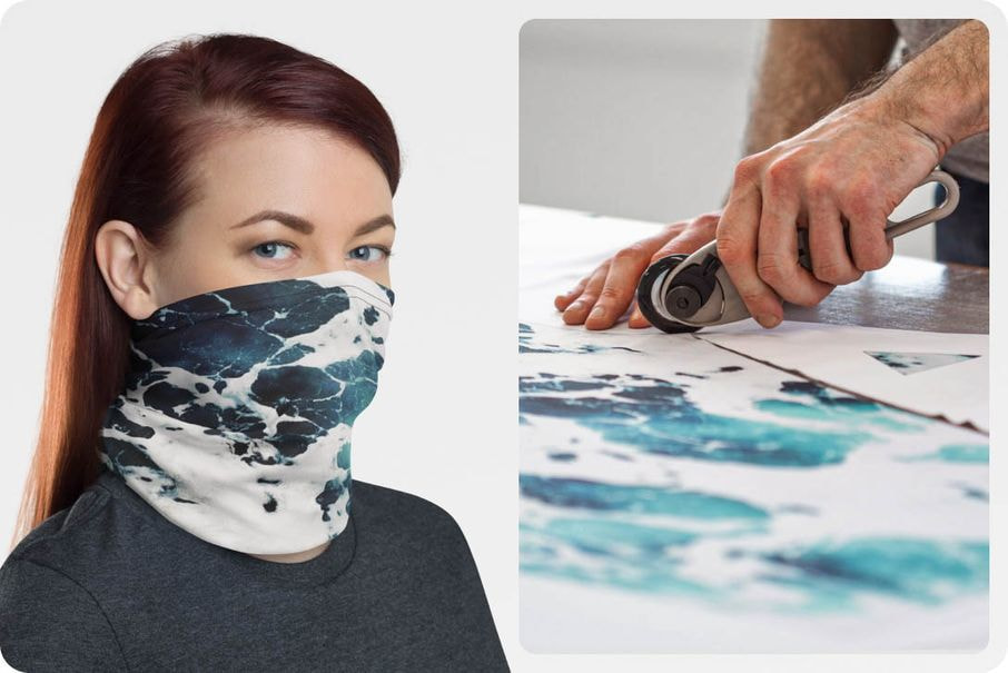 Woman modeling a neck gaiter printed with a blue-and-white marbled pattern. An additional image shows the fabric being cut during the production process, highlighting custom all-over printing.