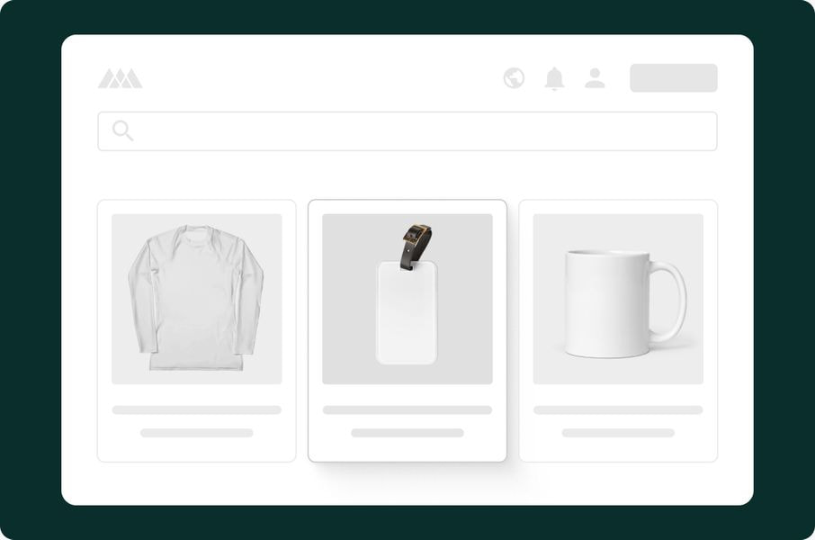 Online storefront mockup featuring a customizable luggage tag listed alongside other print-on-demand products in an ecommerce catalog.