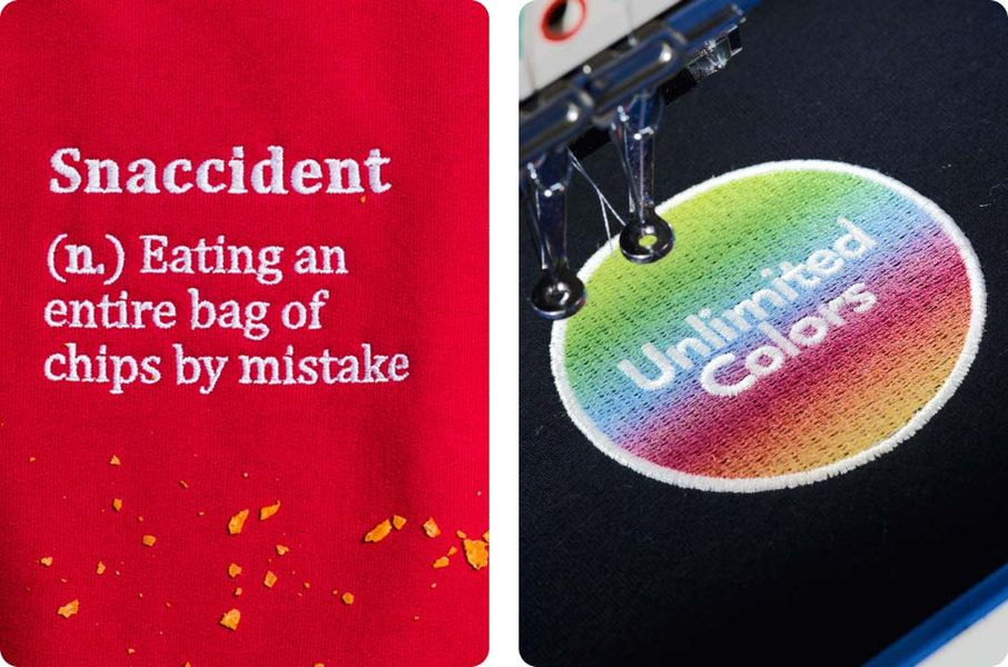 Close-up embroidery text on red fabric and embroidery machine stitching colorful patch.