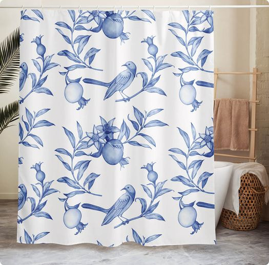 shower curtain with artistic bird and plant design