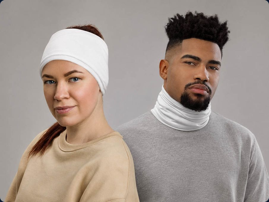 Two models wearing plain white multifunctional accessories. One person wears the item as a headband, while the other wears it as a neck gaiter, demonstrating different styling options.
