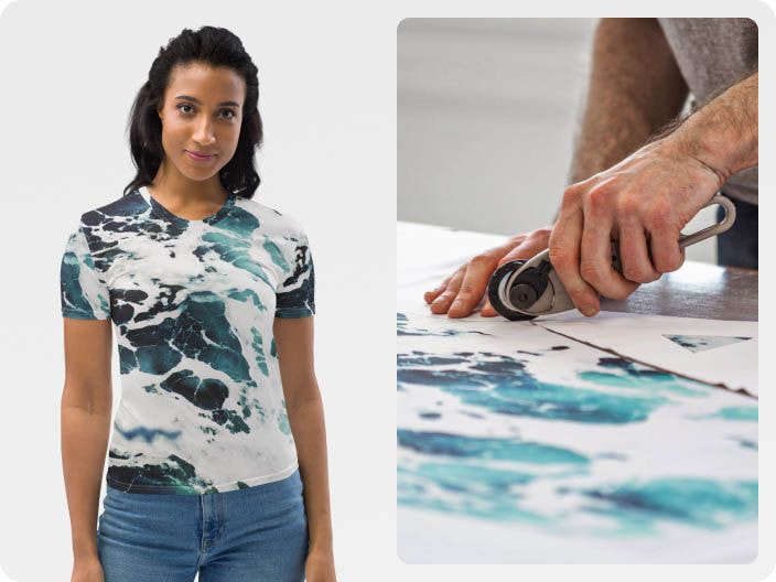 a woman with a blue shirt and a man's hand holding a cutter