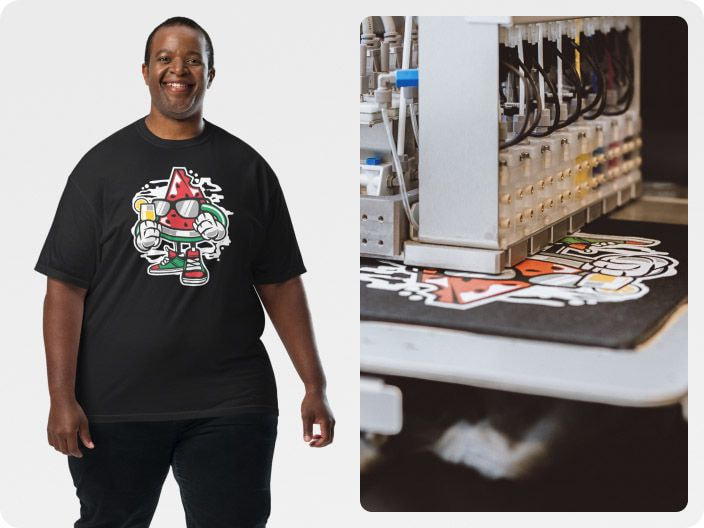 a man wearing a black custom printed t-shirt